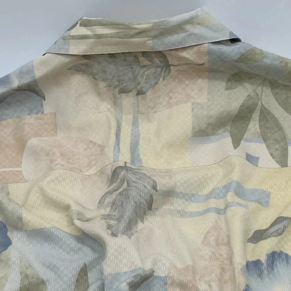 WFF Men's Hawaiian Short Sleeve 100% Silk Shirt Floral Print Blue/Tan Size Large - Picture 6 of 7